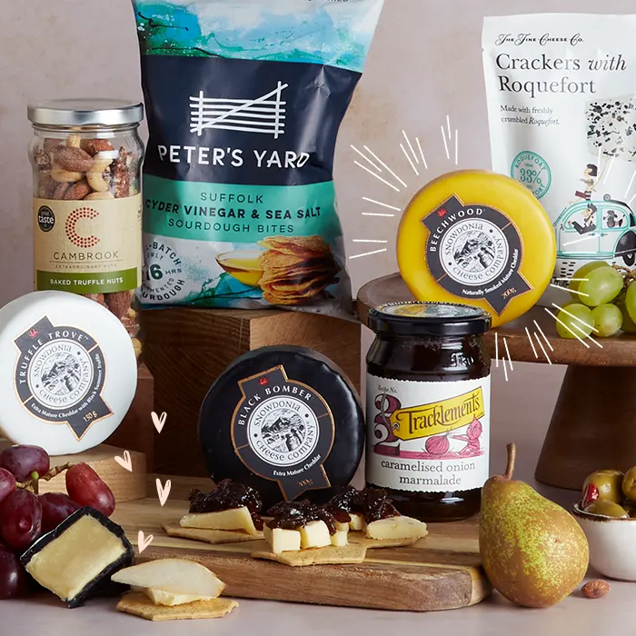 A cheese hamper filled with treats