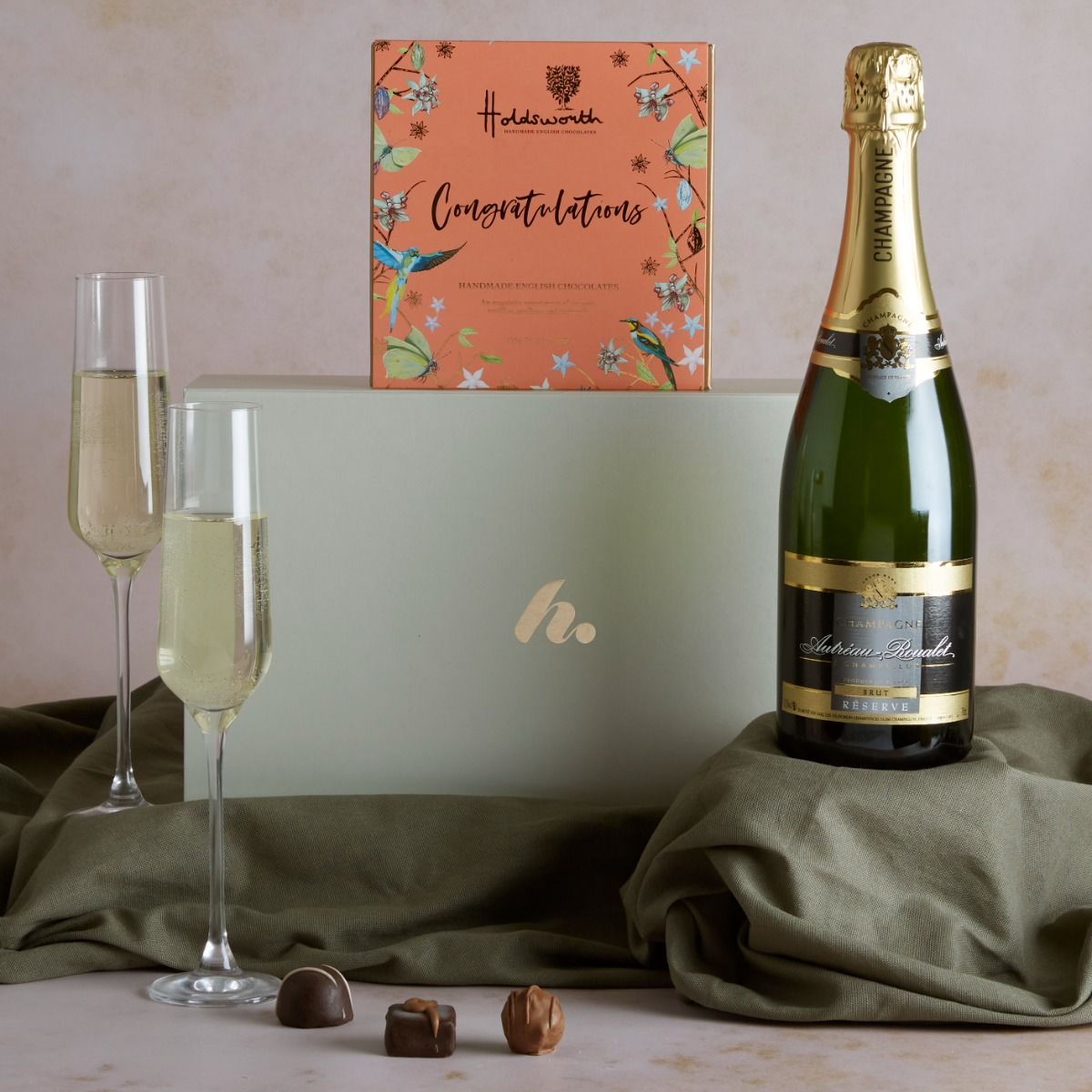Congratulations Champagne & Chocolates Gift with contents on display