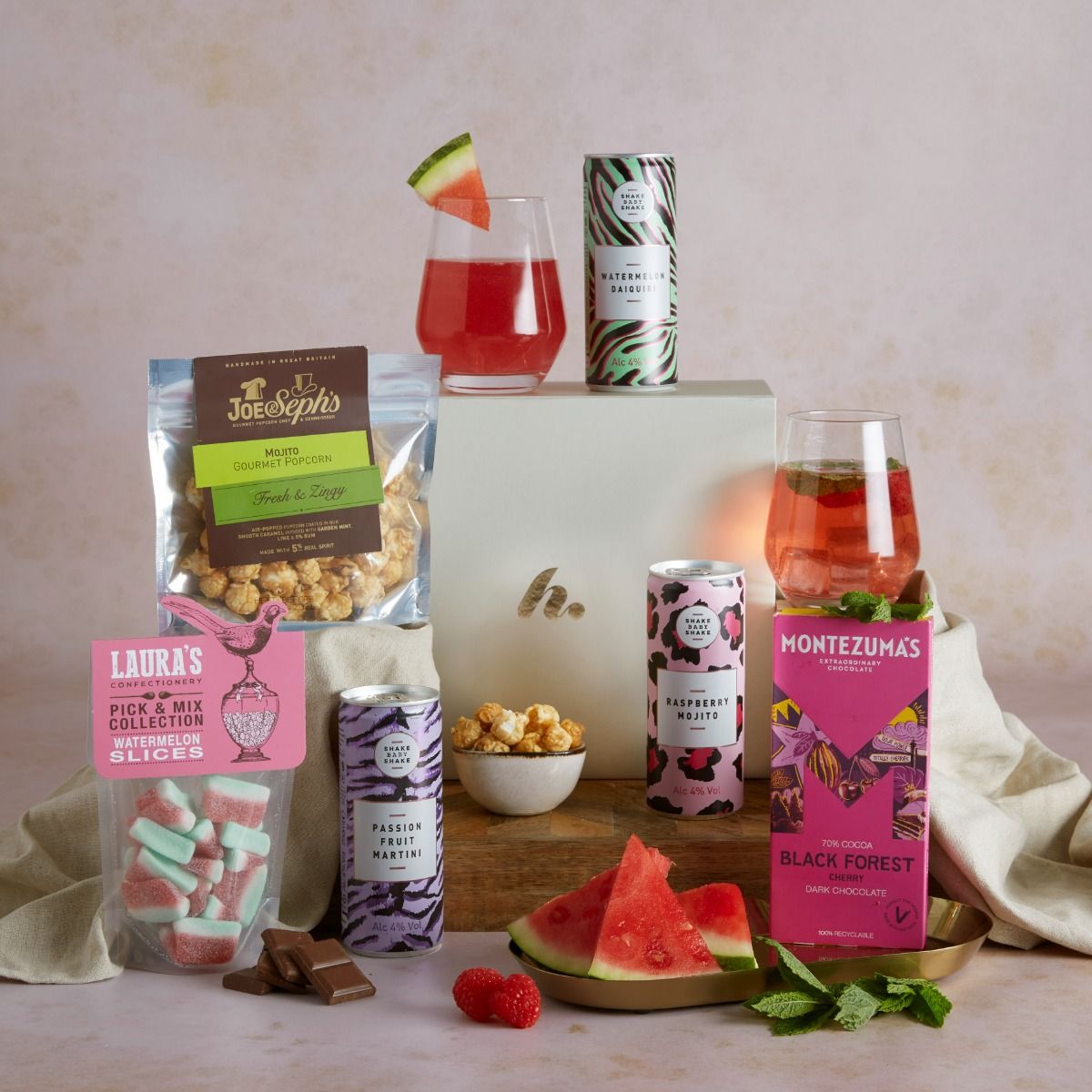 Valentine's cocktail night in hamper with contents on display and signature gift box