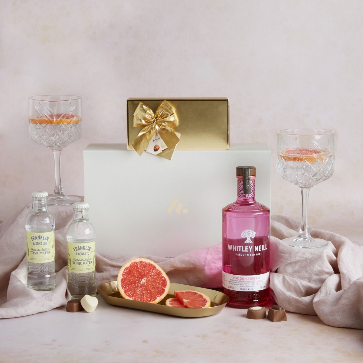 Mother's Day Pink Gin and Chocolate gift box with contents on display