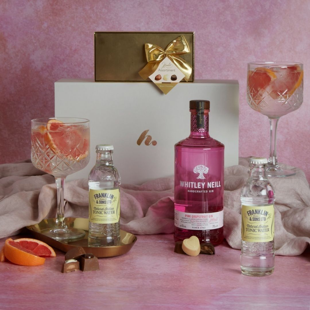 R  Whitley Neill Pink Gin and Chocolates hamper with contents on display