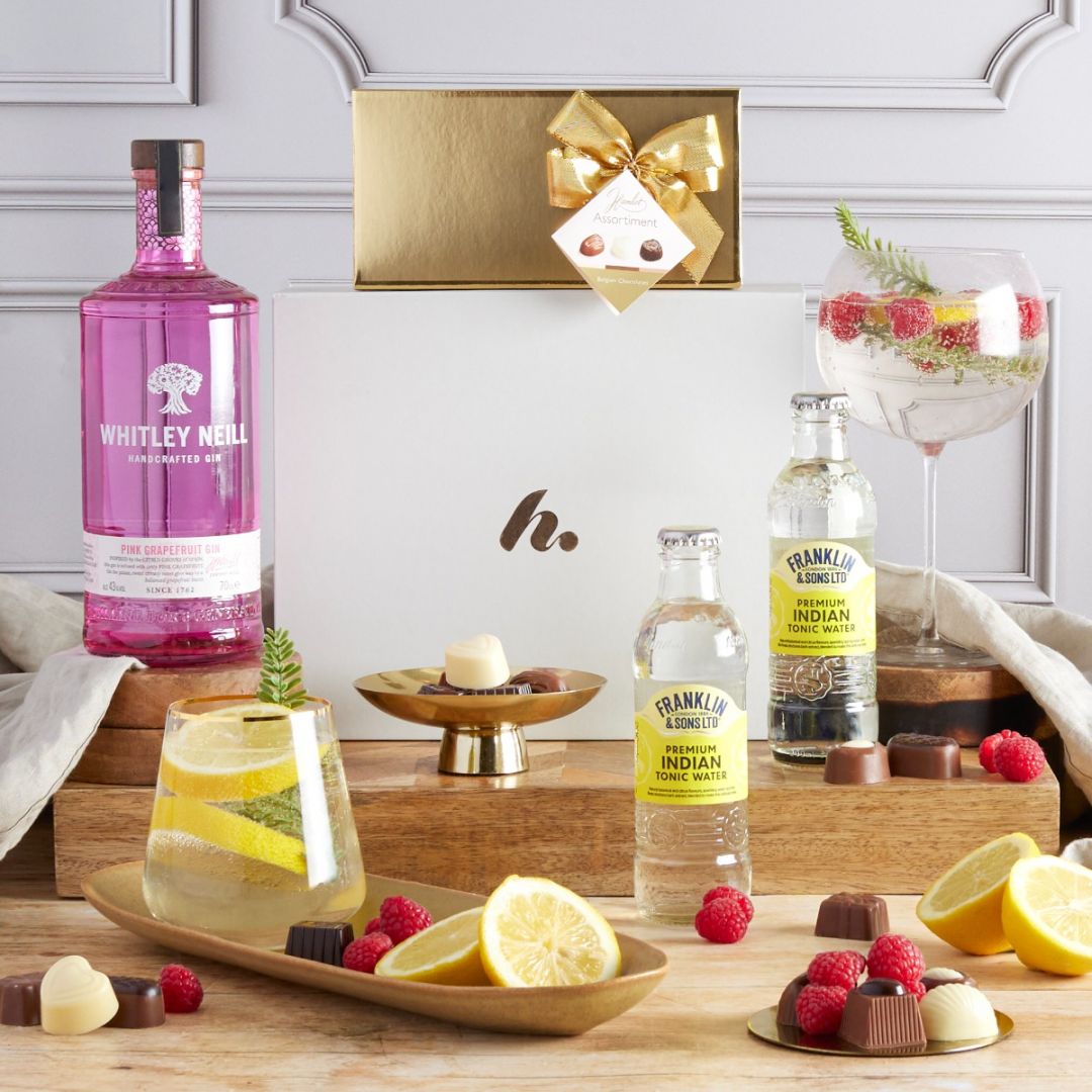  Whitley Neill Pink Gin & Chocolates with contents on display as a gift idea for the person who has everything
