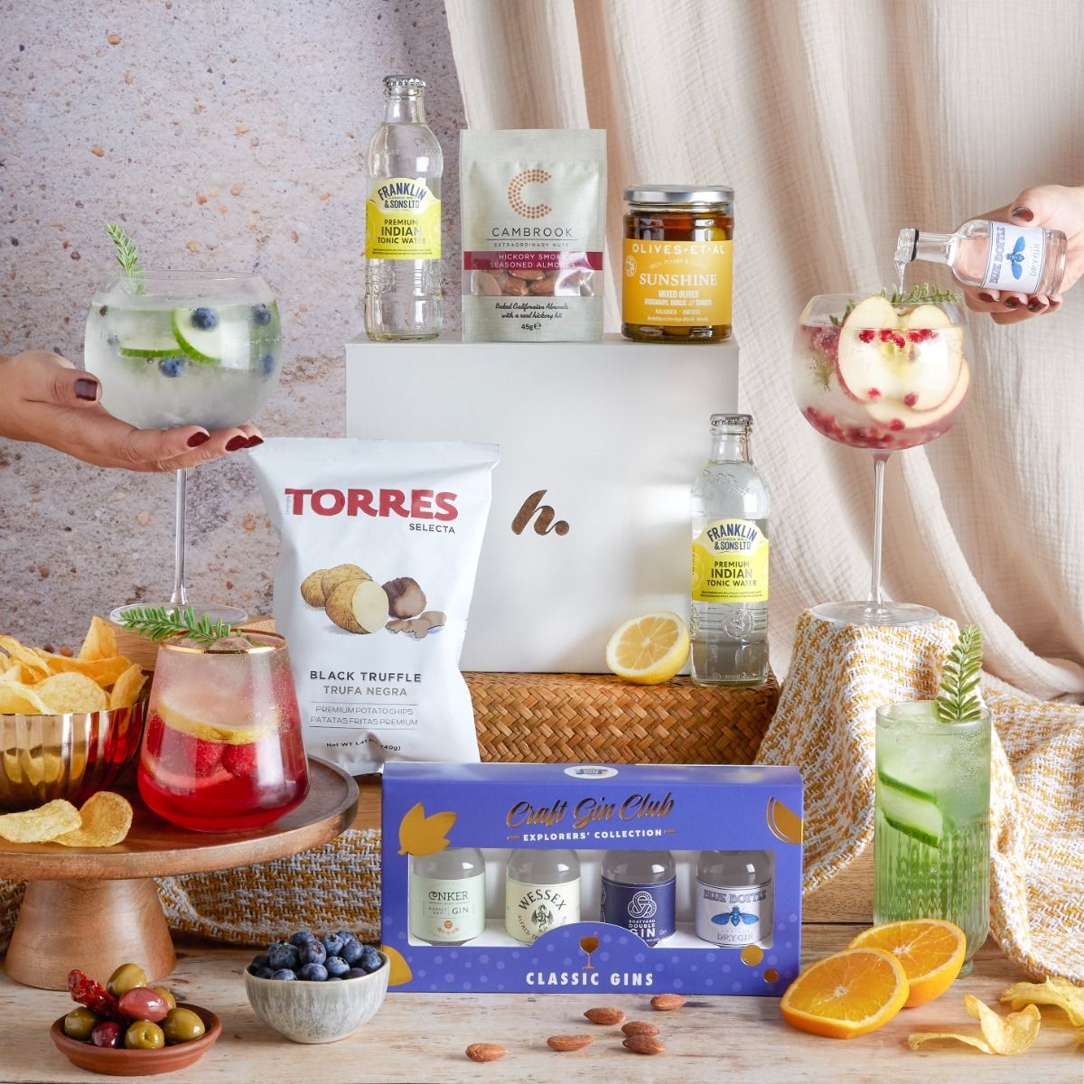 The Craft Gin Club Tasting Hamper with contents on display