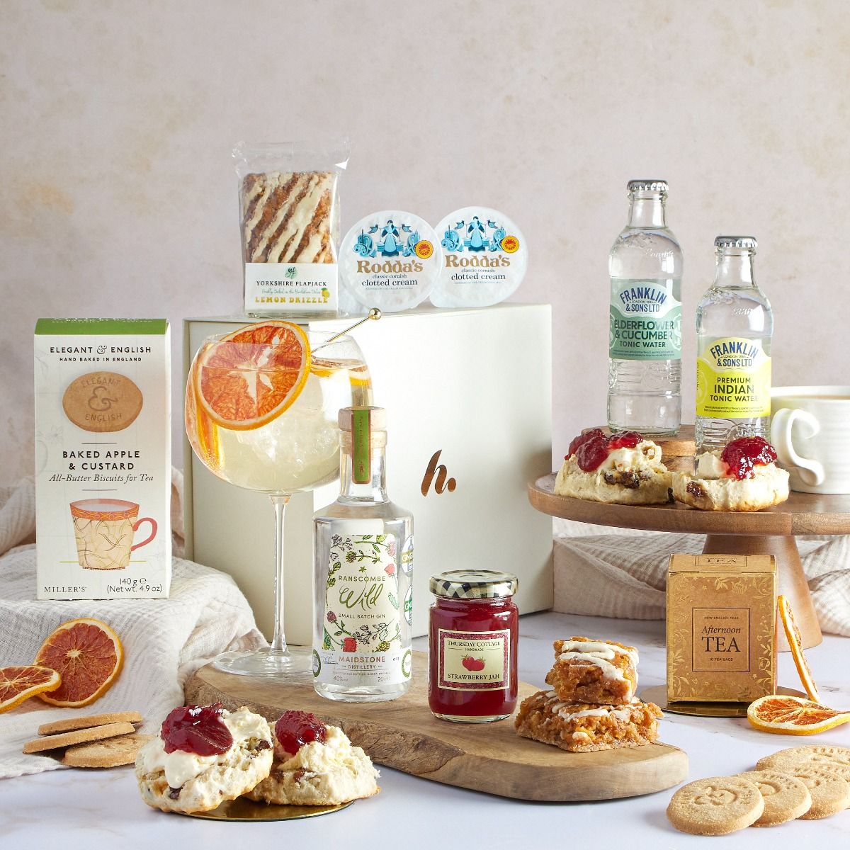 Gin Lover's Cream Tea Hamper with contents on display