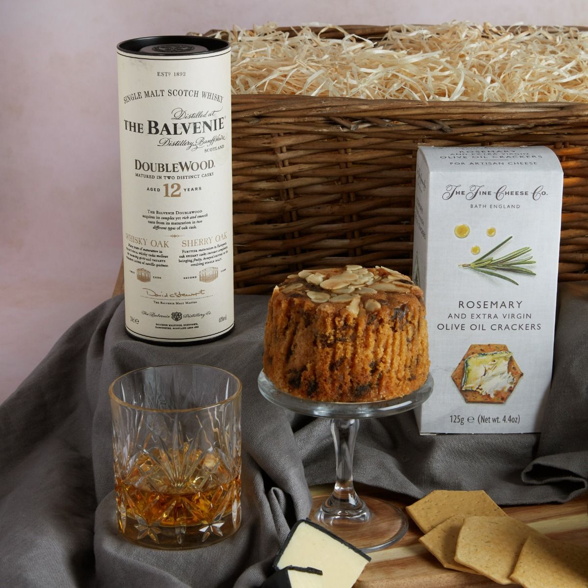 Premium Whisky Basket with contents on display