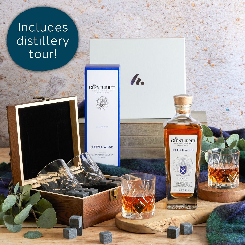 Premium Whisky Hamper & Distillery Tour with contents on display