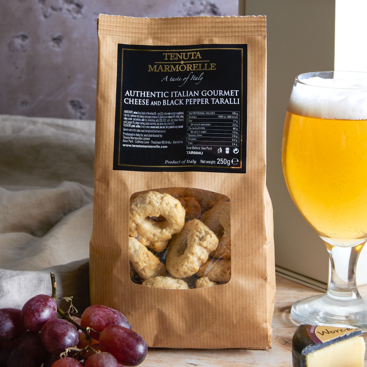 Close up of  Tenuta Marmorelle Cheese and Pepper Taralli as snack in the Cider and Cheese Hamper