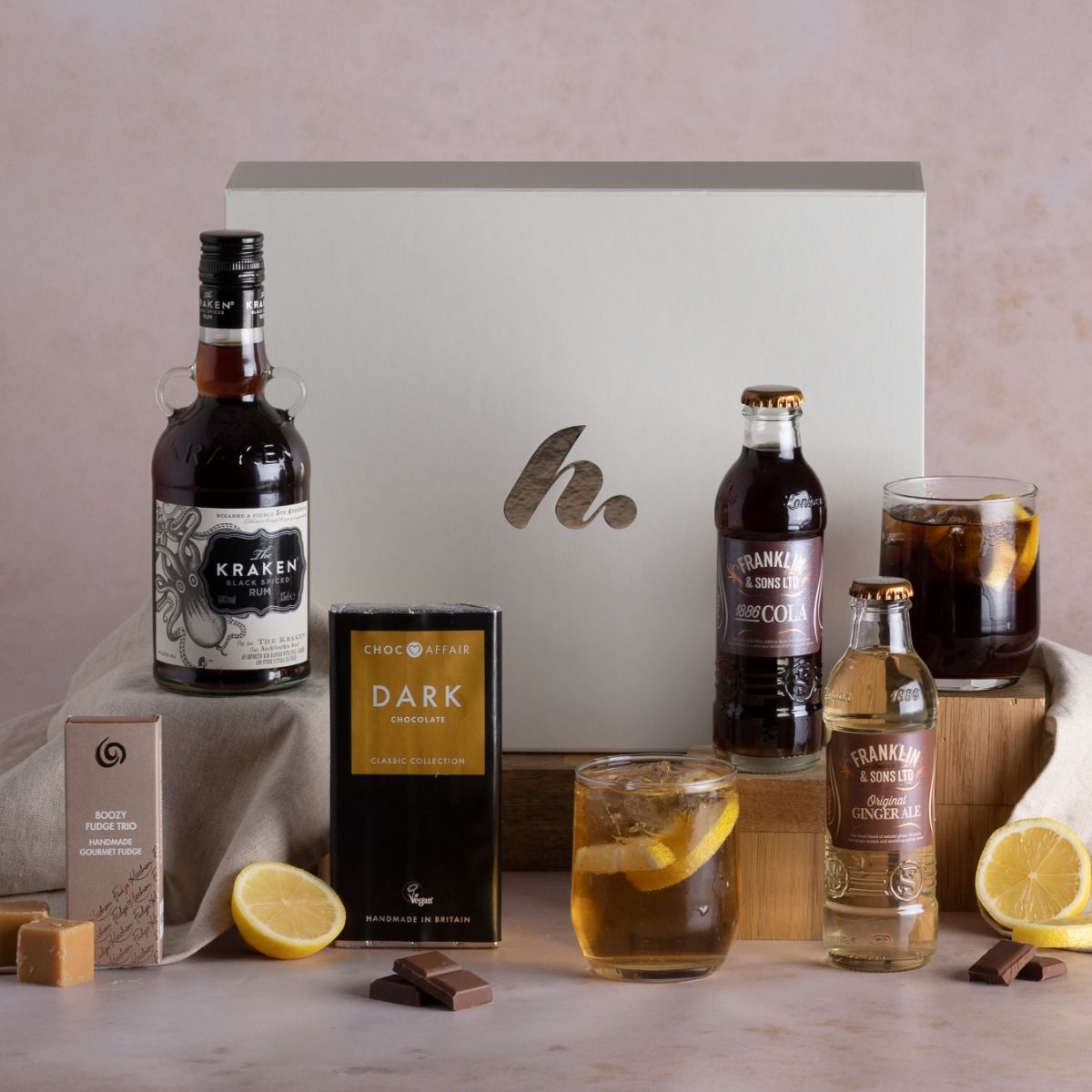 Rum & Treats Hamper with contents on display