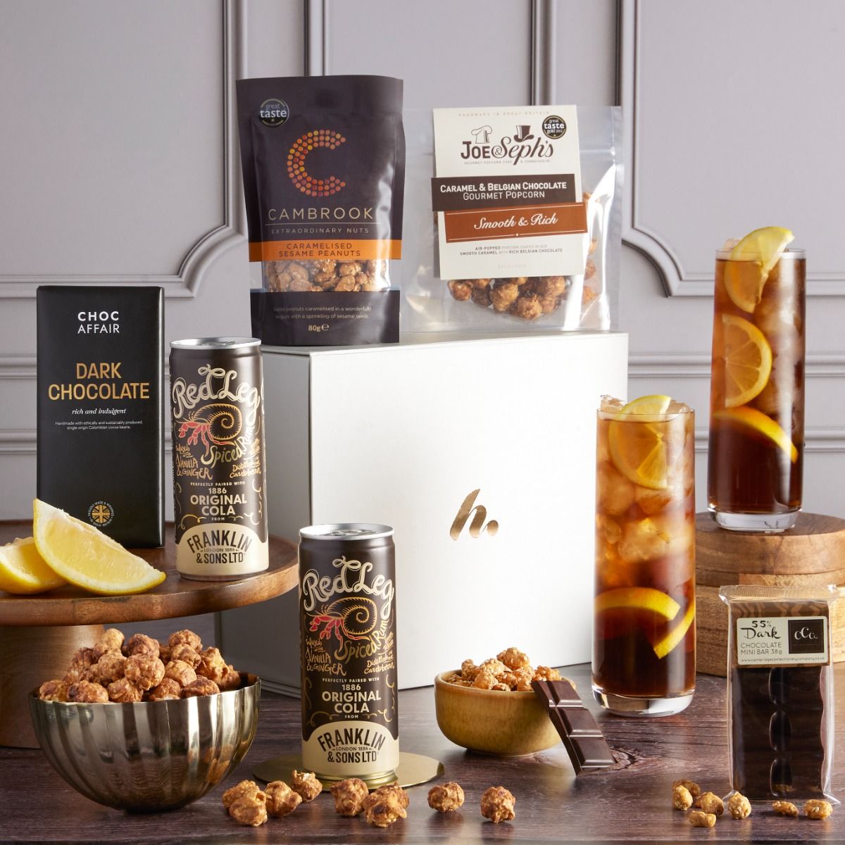 The Rum and Treats Hamper with contents on display