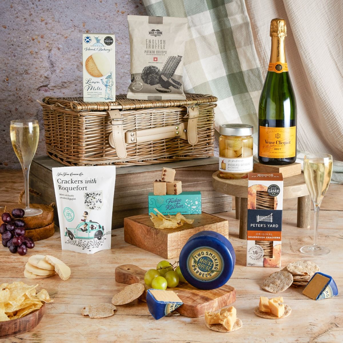  Summer Champagne Picnic Hamper with contents on display