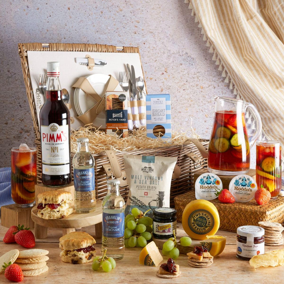 British Summer Pimms Hamper with content on display