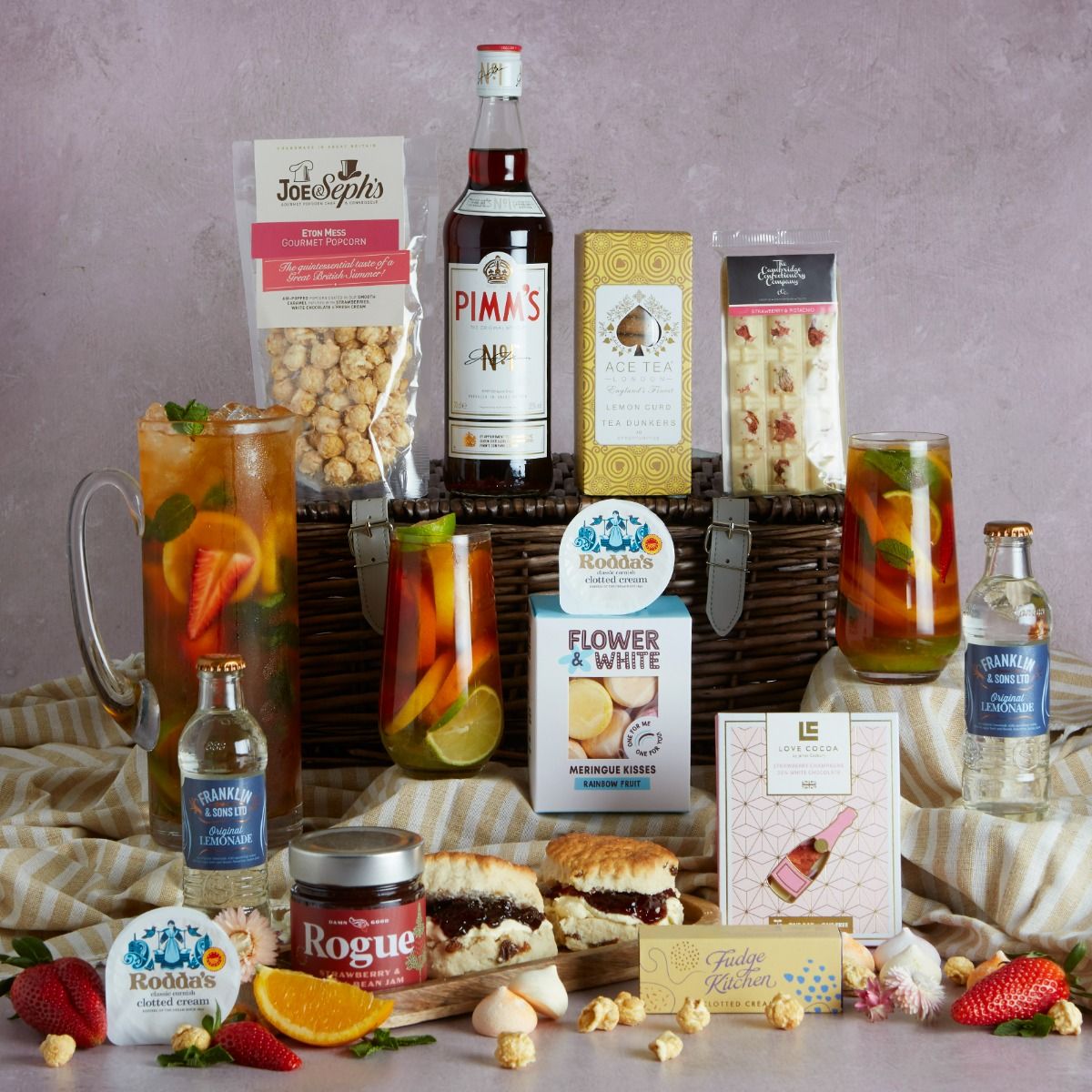 Pimms Summer Hamper with contents on display