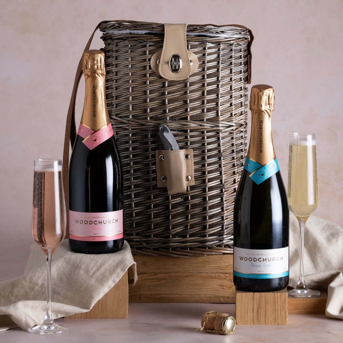  English Sparkling Wine & Wicker Chiller Carrier with contents on display