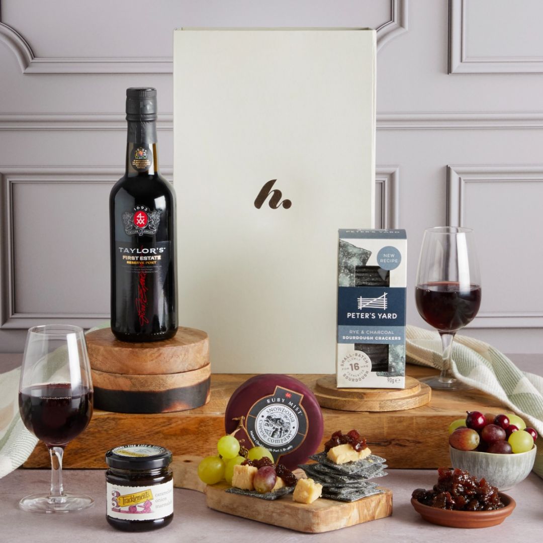 Classic port and cheese hamper with contents on display
