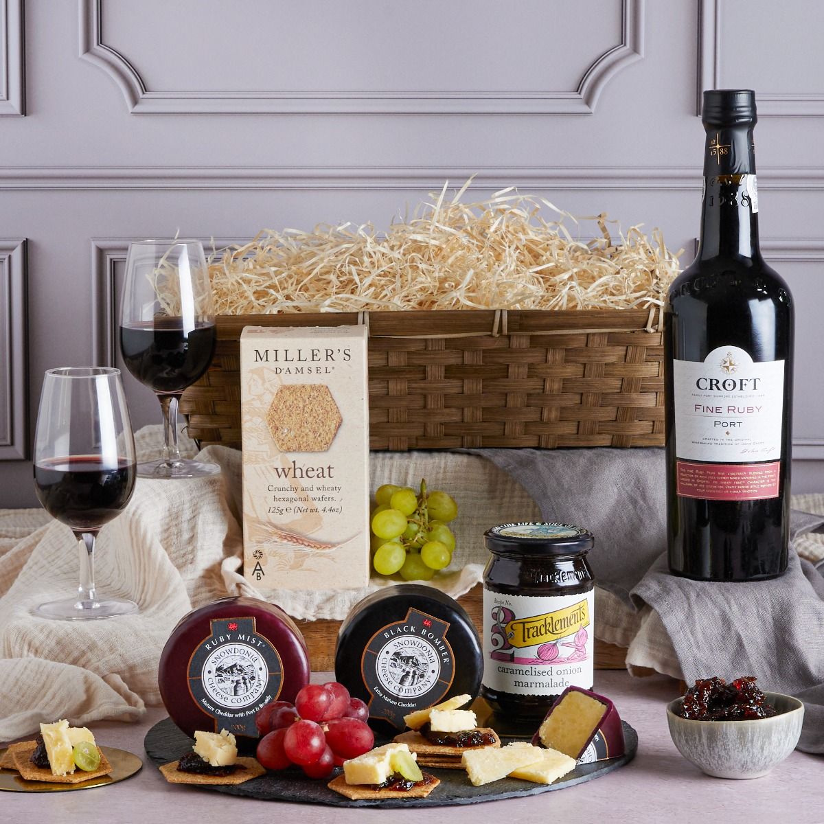 Luxury Port & Cheese Hamper with contents on display