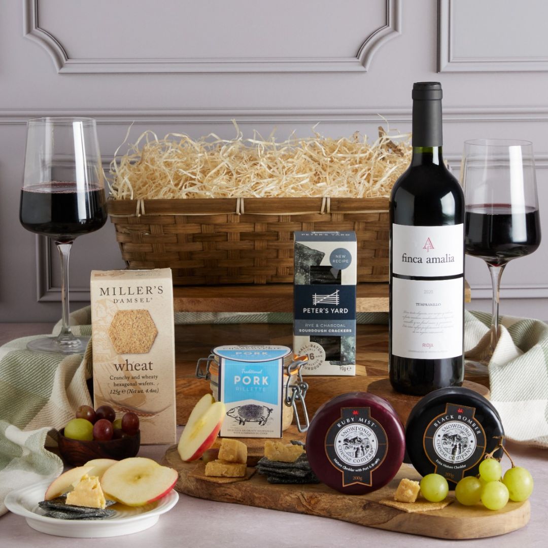 Wine, Cheese & Rillette Gift with contents on display as a suggested gift for the wedding couple who have everything