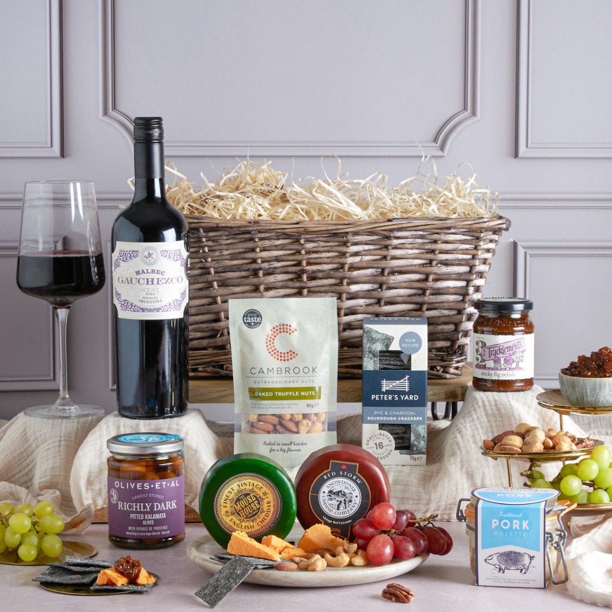 Luxury Wine, Cheese & Rillette Hamper with contents on display as a Father's Day wine gift suggestion