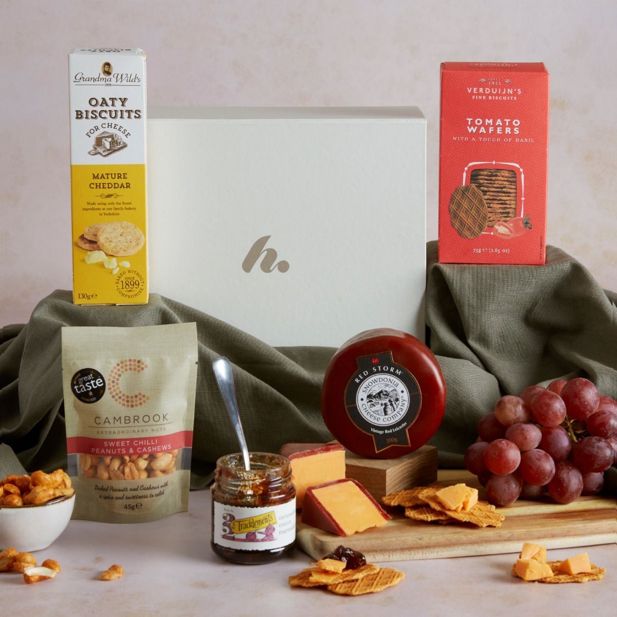 Cheese and Nibbles Gift Box with contents on display