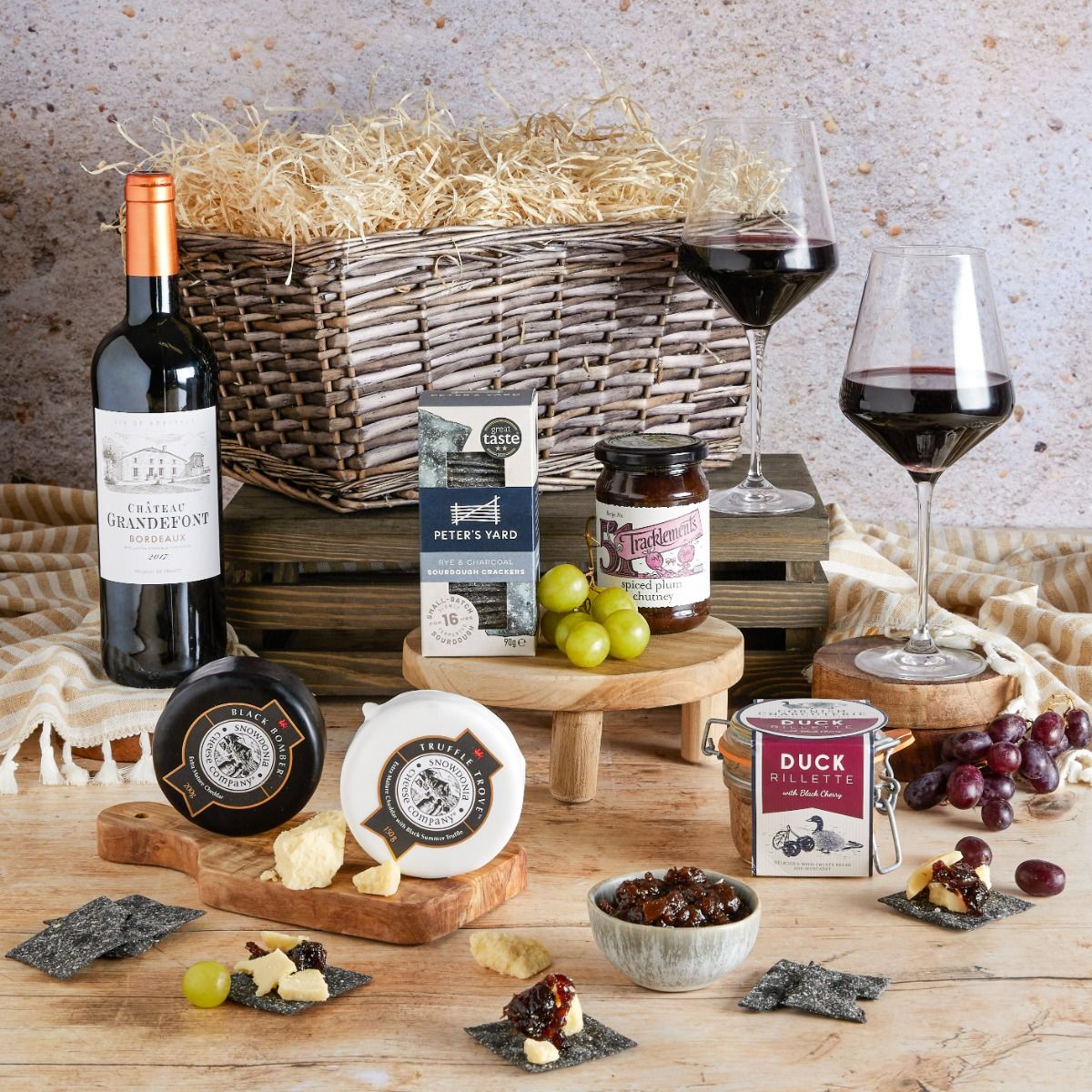 Father's Day wine, cheese & duck rillette hamper with contents on display