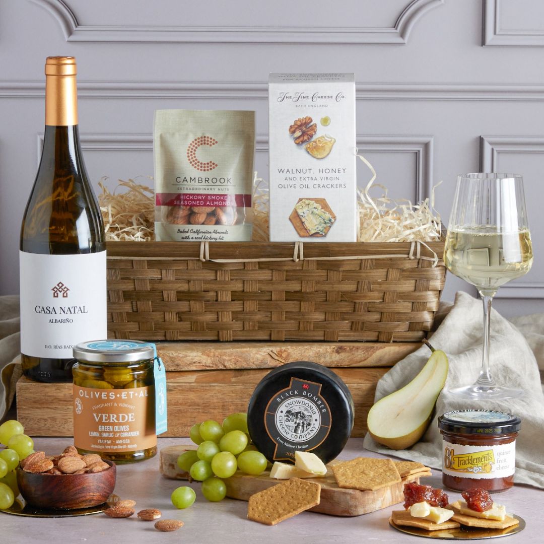  Luxury White Wine & Cheese Hamper with contents on display