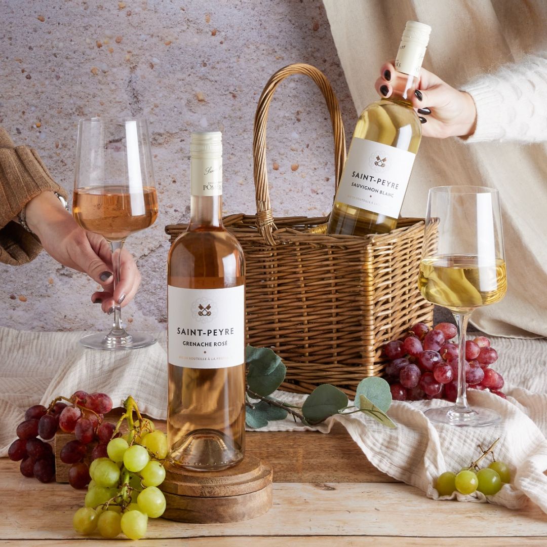 White and Rose Wine Duo Gift Basket with contents on display