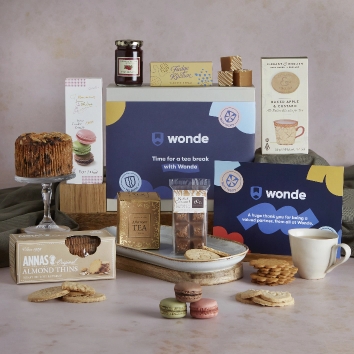 Company personalised hamper with contents on display
